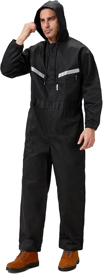 Mens Work Coveralls Mechanic Hooded Overall Workwear Jumpsuits Long Sleeve Hi Viz Coverall with Zippers