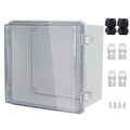 IP67 Waterproof Junction Box, ABS Plastic Electrical Enclosure with Stainless Steel Latch, Hinged Cover Electric Box with Mounting Plate, Wall Brackets & Cable Glands 210x210x130