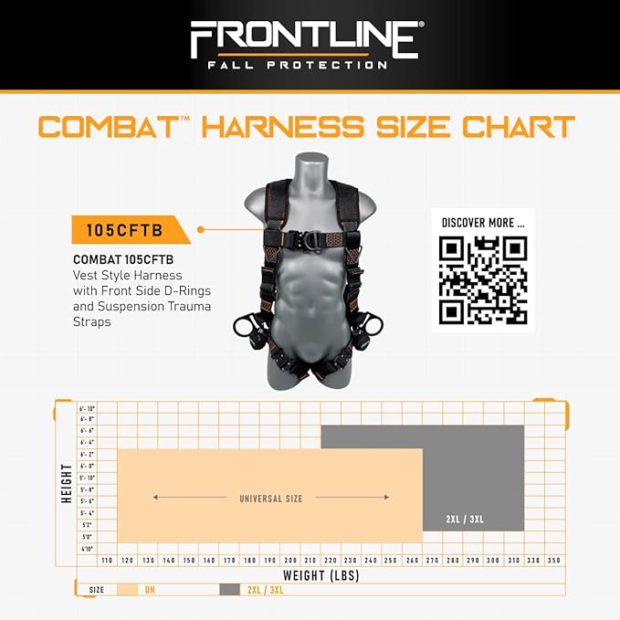 FRONTLINE FALL PROTECTION 105CFTB Combat™ Vest Style Harness with Front Side D-Rings and Suspension Trauma Straps (Universal)