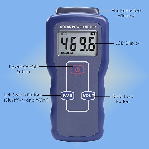 Solar Power Meter Digital Solar Meter, Solar Irradiance Meter for Solar Energy Testing, Solar Transmission Meter with Accuracy Drift<1.5%/Year&Btu/(ft2-h)& W/m² Units for Meteorology Sun Measurement