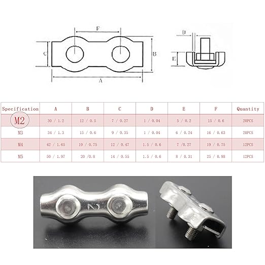 20pcs M2 Stainless Steel Duplex Wire Rope Clip Cable Clamp, Double Bolt Wire Cable Clamps, 2-Post Wire Rope Clip for 1/16 Inch Diameter Wire Cable