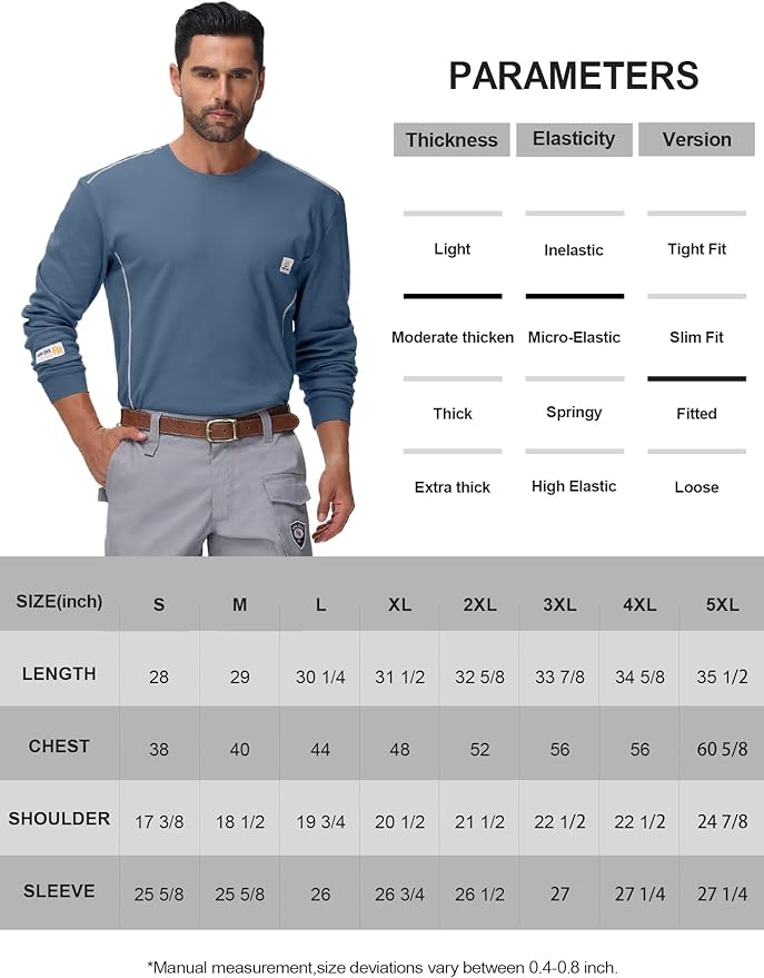 FR Shirts for Men CAT2/HRC2 6.5oz Lightweight Fire Resistant Shirts for Men Long Sleeve Crewneck T-Shirt