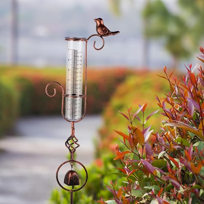 Rain Gauge Outdoor, Hummingbird Rain Gauge, 7 Inch Tube Decorative Rain Measure Gauge, Metal Rain Measure Tool with Bell for Garden, Lawn, Patio