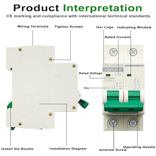 DC Miniature Circuit Breaker 10 Amp Solar Disconnect Switch DC1000V AC400V 2P MCB for PV, UPS, RV Battery, DIN Rail Mount