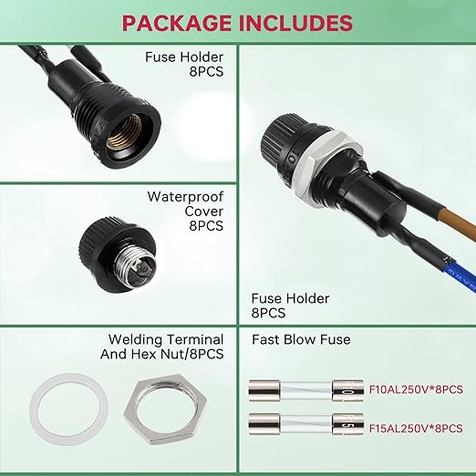 6X30mm Panel Mount Fuse Holder, 250V AC 10A/125V AC 15A, 12V DC, Screw Cap, Pre-Soldered Wires, 10A/15A Fast Blow Glass Fuse Kit