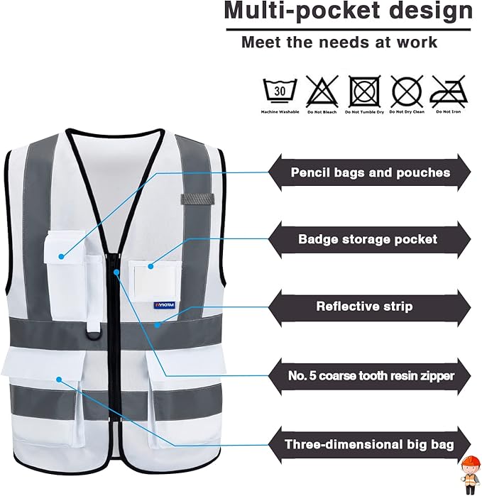 A-SAFETY 4XL-5XL,Hi Reflective Safety Vest,Hi Vis Bright Neon Colors Safety Vest with 4 Reflective Strips 7 Pockets(White)