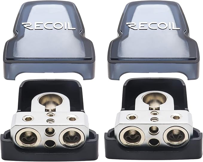 Recoil PBT-D08 2 Pack Premium Solid Brass Positive Negative Battery Terminals Clamps with Two 0/2/4 Gauge Outputs and Two 8 Gauge Outputs