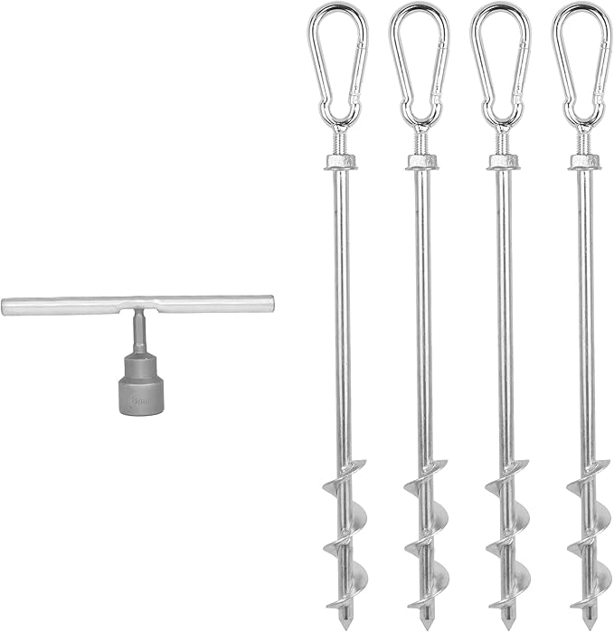 Earth Anchors - Heavy Duty Screw in Ground Stakes with Swing Carabiners - 12" Set of 4 with Drill Bit - Tent Stakes for Camping & Awning Canopy Anchor