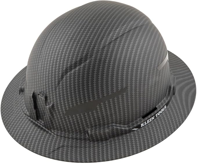 Klein Tools Hard Hat, Non-Vented Full Brim, Premium KARBN Pattern, Class E, Tested up to 20kV, Padded Sweat-Wicking Sweatband, Top Pad