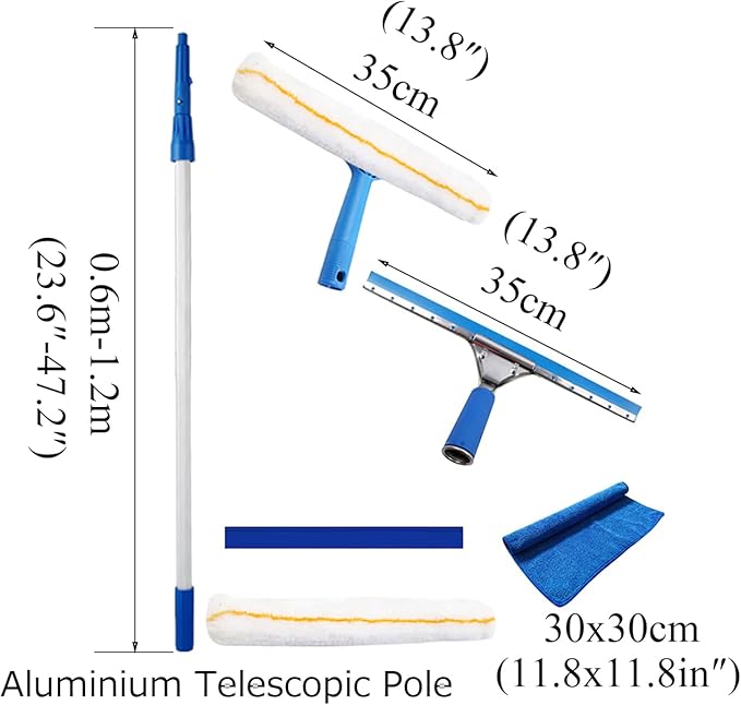 Extendable Window Cleaner Tool, Window Squeegee Cleaner Telescopic Pole 1.2m, Handheld Window Cleaner for Gas Stations Office Buildings Home Window Property Maintenance Blue