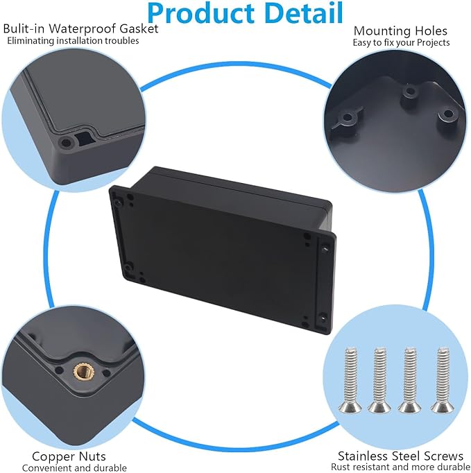 Project Box ABS Black Electrical Boxes IP67 Outdoor Waterproof Junction Box Electronic with Mounting Ears Includes Cable Glands for DIY Project 7.9 x 4.7 x 2.2 inch (200x120x56mm)