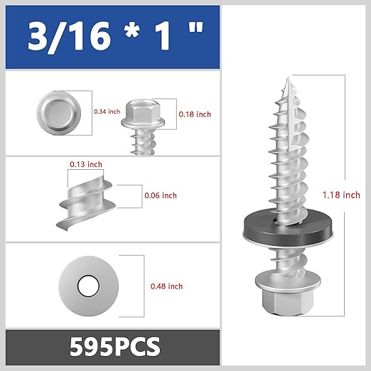 # 3/16 * 1 "595PCS 5lbs Gray hex Metal Sheet roof Screws with Anti Rust Coating, # 10 * 1, with EPDM Washer and hex self Tapping, Used for Metal to Wood and Corrugated Roofs. 5 * 25mm
