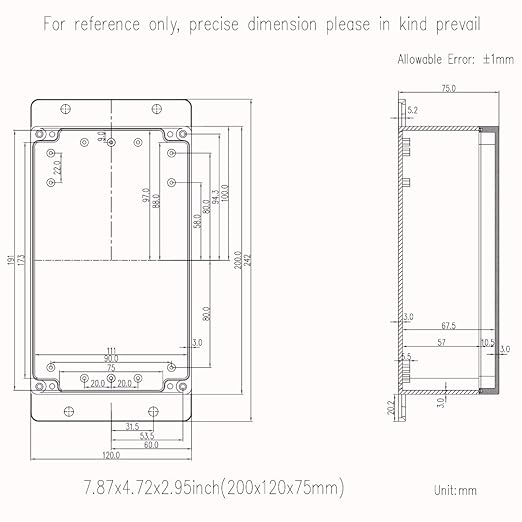 Zulkit Junction Box ABS Plastic Dustproof Waterproof IP65 Universal Electrical Boxes Project Enclosure with Fixed Ear Black 7.87 x 4.72 x 2.95 Inch (200 x 120 x 75 mm)(Pack of 1)
