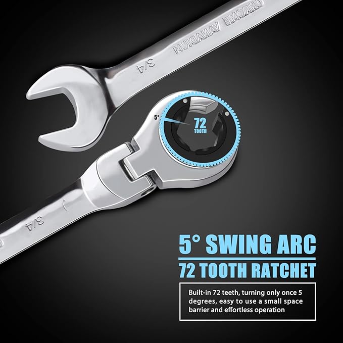 LOSCHEN】1PCS 3/4 Open Flex-Head Ratcheting Wrench, SAE Ratcheting Spanner with 72 Teeth, Chrome Vanadium Steel Tubing Ratchet Spanner