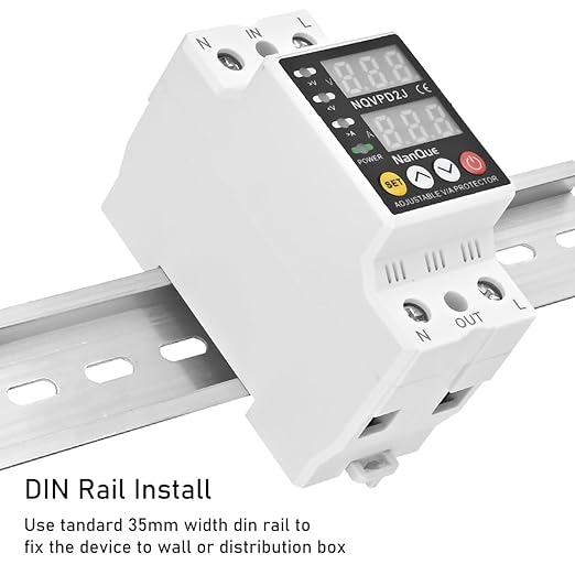 100-240V Universal Adjustable Over Under Voltage and Current Protector Automatic Recovery 80-300Volt 1-63Amp 40-70Hz Self Reset Electrical V A Display AC DC Power Meter Single Phase (63A)