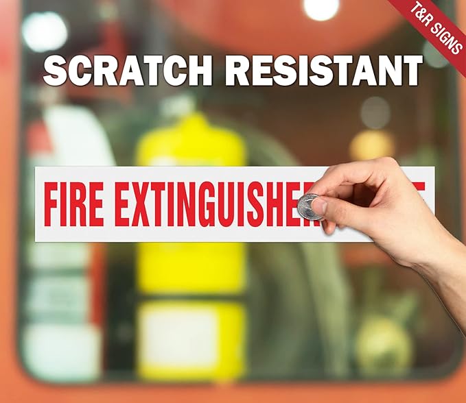 T&R Fire Extinguisher Inside Sign Stickers - 10 Pack - 9" x 1.7" Self-Adhesive Vinyl Reflective, UV resistant, Waterproof, Fade and Scratch Resistant, Suitable for Vehicles Indoor and Outdoor - White