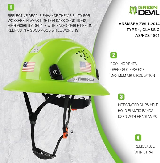 Full Brim Hard Hat Vented Construction Safety Helmet OSHA Approved Cascos De Construccion Work Hardhats with Cooling Towel for Men&Women 6 Point Adjustable Ratchet Suspension