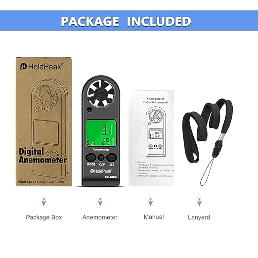 HOLDPEAK Pocket Anemometer Handheld Digital Wind Speed Meter Gauge Air Flow Velocity Temperature Measuring Device for Outdoor Sailing Surfing Drone Flying Golf Shooting HVAC 816B