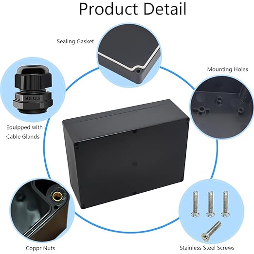Junction Box IP65 Waterproof ABS Plastic Electrical Project Case Power Junction Boxes, Project Box with 4 PCS M16 Cable Glands 10.35x7.17x3.74 inch (263 x 182 x95 mm)