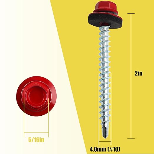200pcs #10 x 2 Red Hex Head Self-Drilling Metal Roofing Screws, EPDM Washer, Colored Head, Wood Screws, Sheet Metal Roof Screw with Hex Driver Bit (Red, 2 in)