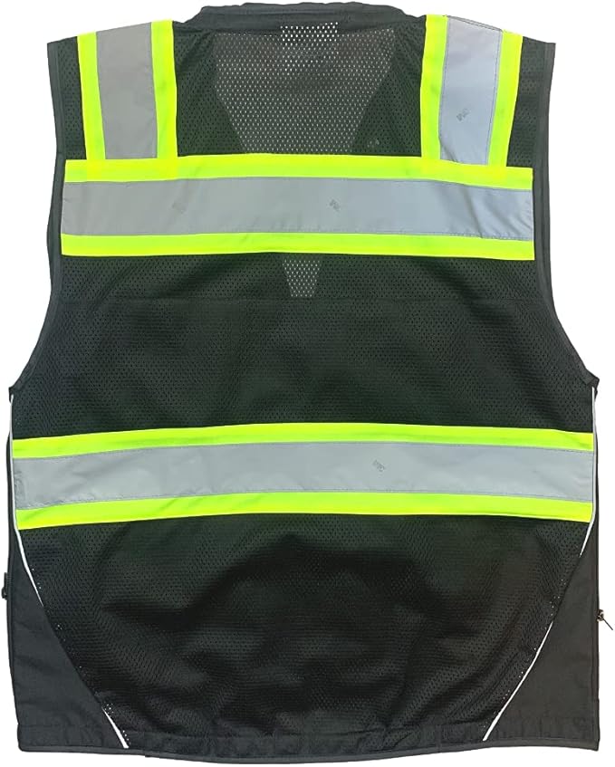 Safety Vest for Men - Black Series with Zipper and Utility Pockets - Premium Surveyors Vest (L, Black)