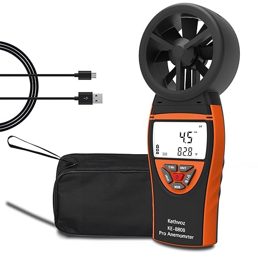 Handheld Vane Anemometer Air Flow Tester, Kethvoz Digital Wind Speed Meter Measure Air Velocity 0.3~30m/s, Test Temperature Humidity, Portable Carrying Case Included