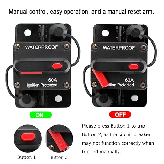 60A Circuit Breaker, 12V-48V DC Manual Reset Waterproof Breaker Switch for Automotive/Boat/ATV/Trailer, Trolling Motor, Stereo Audio, Battery & Solar Systems Inline Fuse (1-CB5-60A)