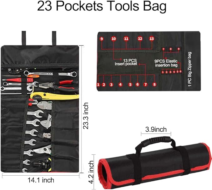 23 Pocket Tool Roll Up Bag for Wrenches & Spanners - Heavy Duty Oxford Organizer Pouch with Elastic Loops & Zipper Pocket, Portable Mechanic Storage Case for Motorcycle Truck Emergency Kit