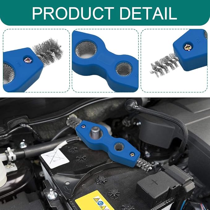 4 in 1 Car Battery Cleaning Brush, Battery Terminal Cleaner, Anti-Rust Car Terminals Machine Parts Cleaning Tool with Steel Wire, Auto Post Cleaner Brush Tool Fit for Vehicle & Marine (Blue)