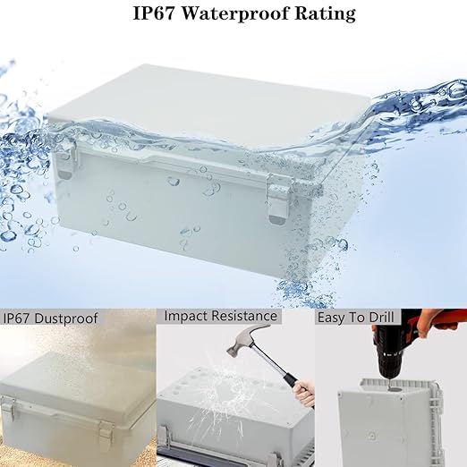 Zulkit Junction Box,IP67 Waterproof Electrical Box Hinged Cover Stainless Steel Buckle Plastic Enclosure for Project w Mounting Plate Wall Bracket and 2 Cable Gland Grey 13.8"x9.8"x5.9"/350x250x150mm