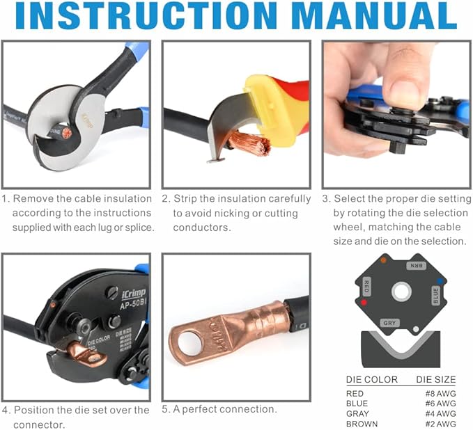 iCrimp AP-50BI Battery Cable Ring Terminal Crimper for 8, 6, 4, 2AWG Copper Cable Lugs, Heavy Duty Wire Lugs and Battery Cable Ends