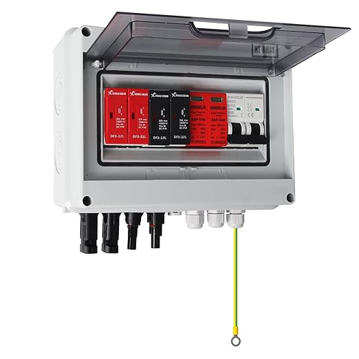 Solar Combiner Box 600V 2 inputs and 1 Output 15A Rated Current Fuse 63A DC Circuit Breaker & SPD, 15A Fuse, for PV Array System, Plug and Play Outdoor Solar Junction Box for Home and Commercial Use
