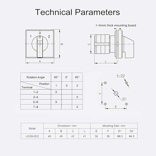 Changeover Switch LW28-20 3 Positions 8 Terminals Universal Rotary Cam Selector Latching Switches 550V 20A