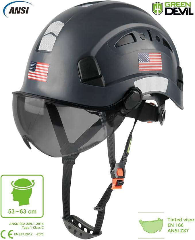 GREEN DEVIL Safety Helmet Hard Hat with Visor Chinstrap Adjustable Lightweight Vented ABS Work Helmet for Men and Women 6-Point Suspension ANSI Z89.1 Approved Ideal for Industrial & Construction