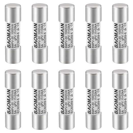 Baomain 10-Pack gPV Solar PV Fuse 5A 1000V DC, 10x38mm, 33kA Breaking Capacity, CE Listed for Photovoltaic Systems, Combiner Boxes (5 Amp.)