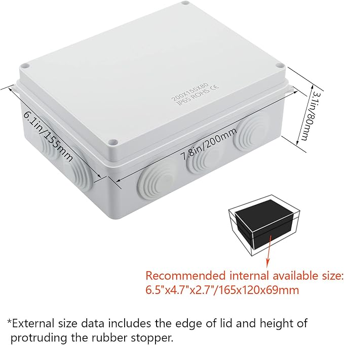 LeMotech ABS Plastic Dustproof Waterproof IP65 Junction Box Universal Electrical Project Enclosure White 7.8 x 6.1 x 3.1 inch (200 x 155 x 80 mm)