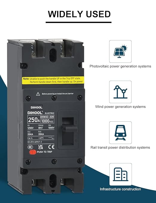 DIHOOL 250 Amp DC Circuit Breaker,2P 1000V 20kA Breaking Capacity Battery Disconnect Switch with Thermal Magnetic Trip for Solar, UPS, Battery