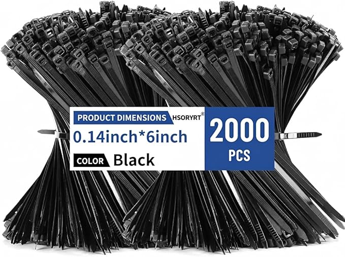 2000pcs Cable Ties Black, 6 inch Zip Ties, 40lbs Multi-Purpose Self-Locking Nylon Small Cable Management, UV Resistant Wire Ties, Plastic Ties for Home, Garage, Garden, Office, Workshop
