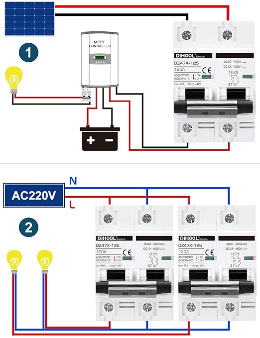 DIHOOL Solar Disconnect Switch, 120 Amp 2 Pole, DIN Rail Mount, Non Polarized, 12V 24V 48V 400V, AC/DC Circuit Breaker, RV Battery Isolator, PV Array MCB, Thermal Magnetic Trip