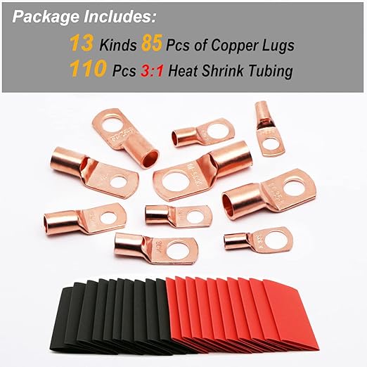TKDMR 195Pcs Copper Wire Lugs AWG2 4 6 8 10 12 with Heat Shrink Set, 85Pcs Battery Cable Lugs Battery Cable Ends Ring Terminals Connectors with 110Pcs Heat Shrink Tubing Assortment Kit