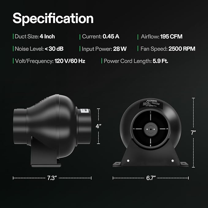 VIVOSUN D4 4 Inch 195 CFM Inline Duct Ventilation Fan, HVAC Vent Blower for Grow Tent, Attic, Basements or Kitchen, Hydroponics Exhaust Booster Fan