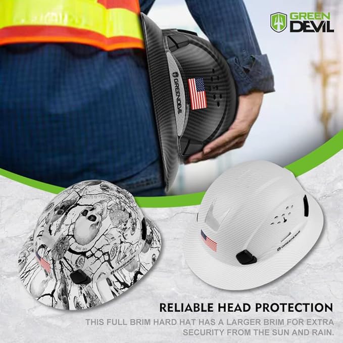 GREEN DEVIL Full Brim Hard Hat Vented Construction Safety Helmet OSHA Approved Cascos De Construccion ABS Work Hardhat for Men&Women 6 Point Adjustable Ratchet Suspension Custom Pattern Design