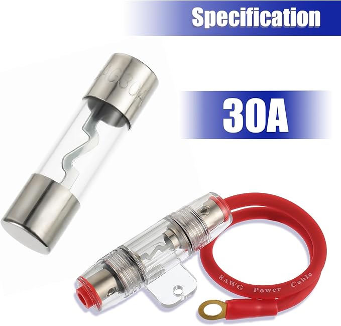 BOJACK 8 Gauge AWG 1ft Power Wire with 30 Amp AGU Fuse Holder 30A（Pack of 2）