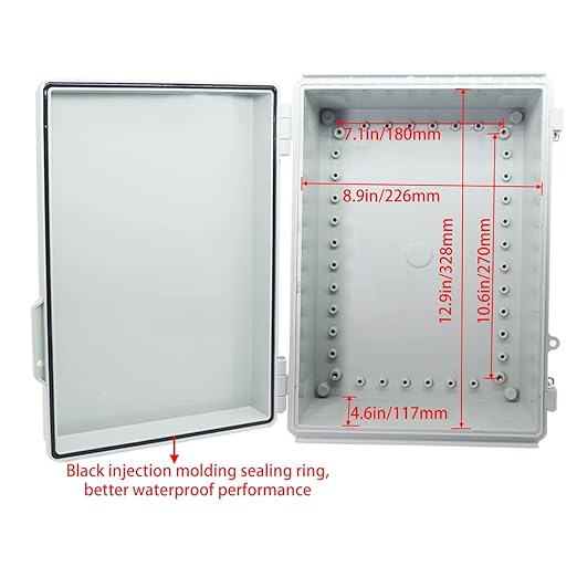 Junction Box, Hinged Cover Stainless Steel Latch IP67 Waterproof ABS Project Box with 2 Cable Glands, Electrical Box Enclosure with Mounting Plate & Wall Bracket 13.8 x 9.8 x 5.9inch