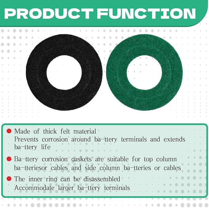 8PCS Battery Terminal Anti Corrosion Washers Fiber, Battery Terminal Protector, 4 Red & 4 Green Battery Terminal Protector for Protecting Battery Terminal, Universal Accessories (Black+Green, 12PCS)