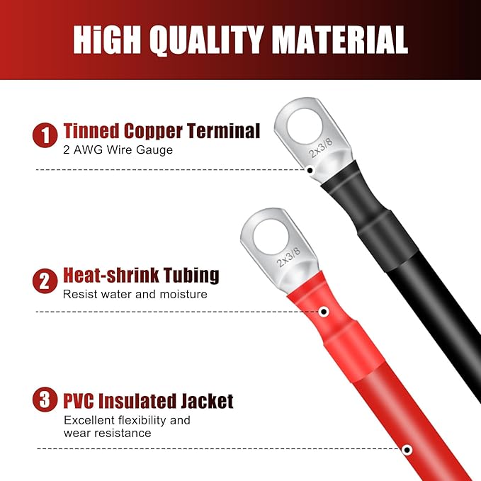 Hoteam 6 Pcs Battery Cable Copper Battery Inverter Cables with Terminals 3/8 Inch Lugs Red and Black Both Ends Power Inverter Wire for Solar Motorcycle Automotive RV Car Boat Marine(2awg,2ft)