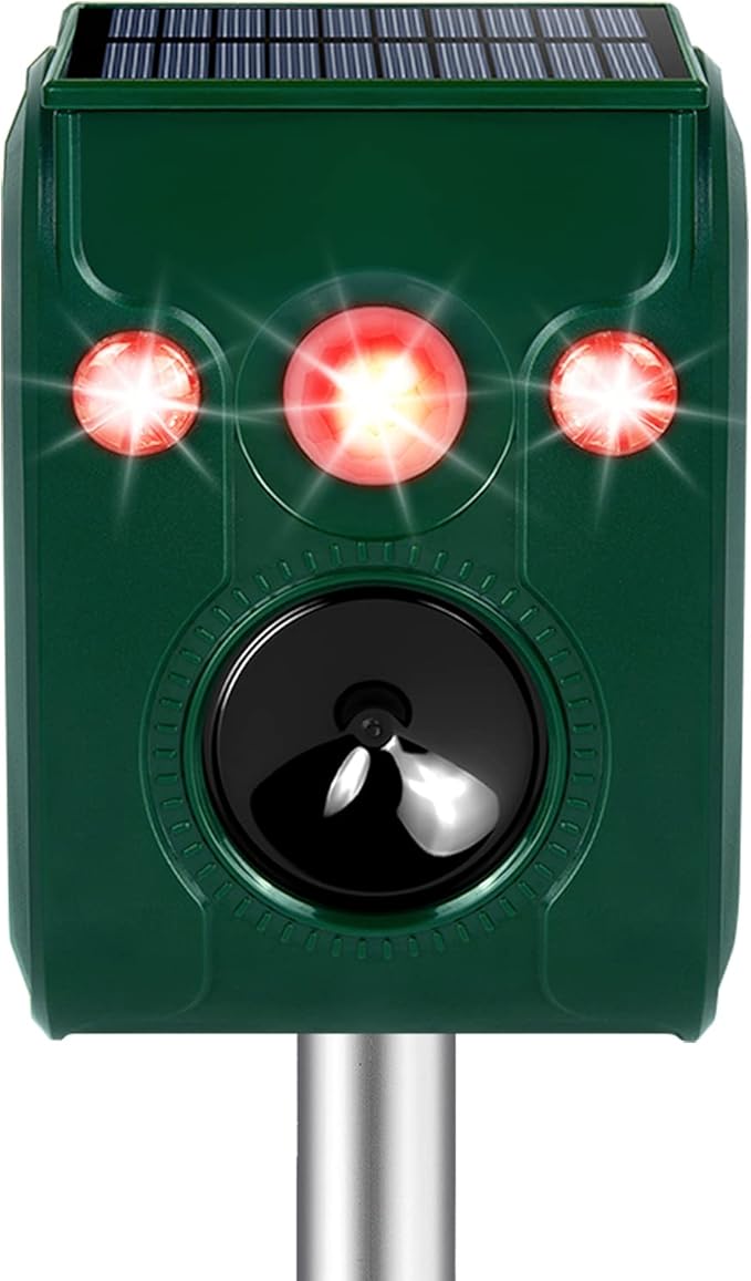 Solar Animal Repeller. Ultrasonic Animal Repellent. with Flashing LED Light and Alarm to expel Cats, Dogs, Squirrels, Deer, Raccoons, Skunks, Rabbits, Foxes, etc