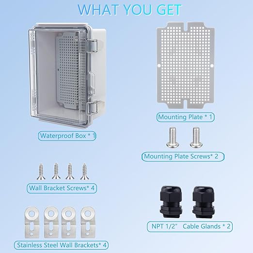 IP67 Waterproof Junction Box, ABS Plastic Electrical Enclosure with Stainless Steel Latch, Hinged Cover Electric Box with Mounting Plate, Wall Brackets & Cable Glands 175x125x90