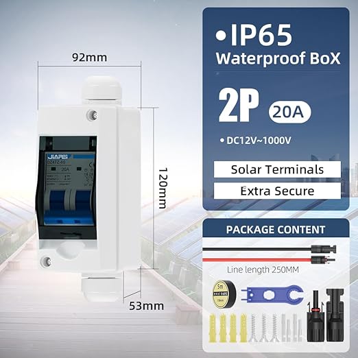 Solar Panel Disconnect Switch 20 Amp 1000V Breaker Box, PV DC Miniature Circuit Breaker Disconnect Box Outdoor with IP65 Waterproof Box