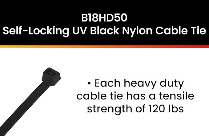 Pro Tie Heavy Duty Cable Ties, Self-Locking Nylon Cable Wire Ties for Indoor and Outdoor Use | 18-Inch, 120 lbs. Tensile Strength, UV Black Nylon, 50-Pack (PN: B18HD50)